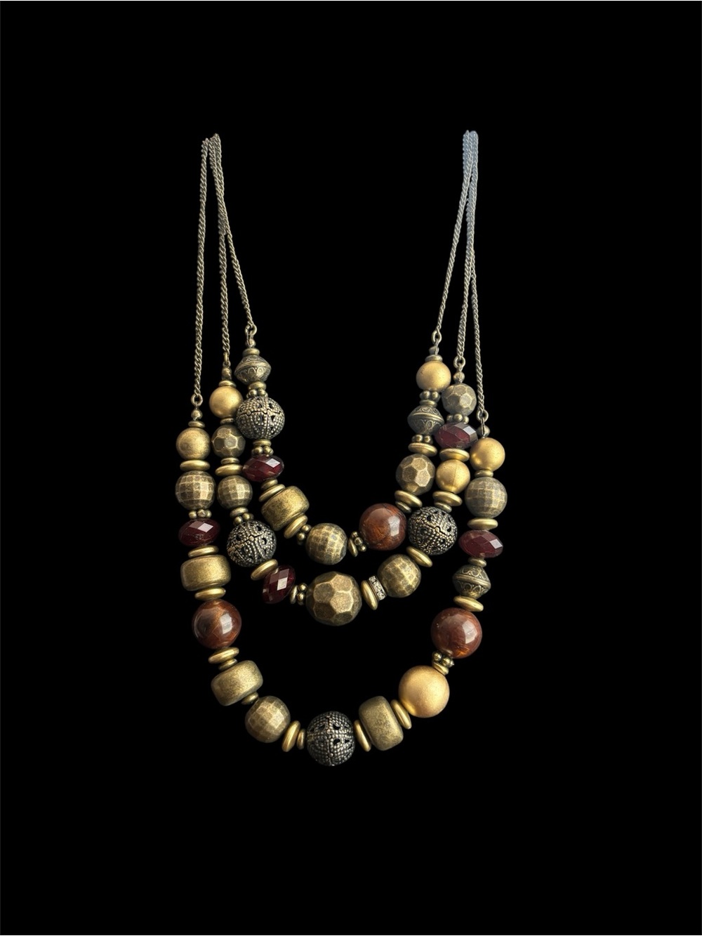 Cookie Lee Gold and Brown Multi-Strand Beaded Necklace with Burgundy Accents